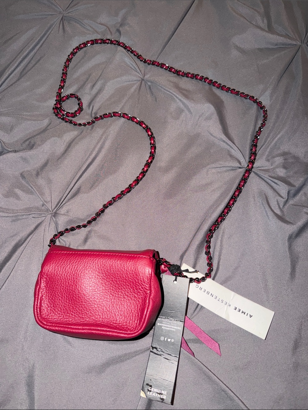 Aimee Kestenberg Fuchsia Pebbled Leather Crossbody with Chain Strap